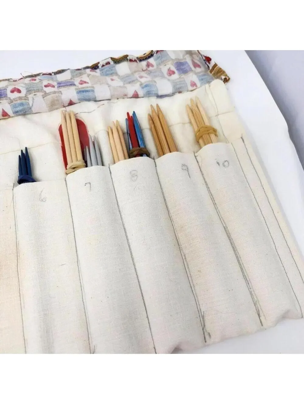Handmade Canvas Knitting Needle Roll Case Organizer Floral Fabric Tie Closure
